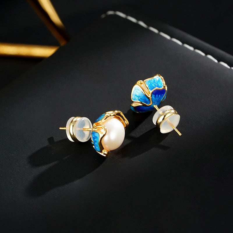 Wholesale pearl blue flower s925 silver needle earring