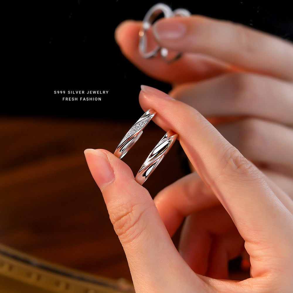 Wholesale s999 Foot Silver Love Simple Wave Micro-inlaid Zircon Couple Ring