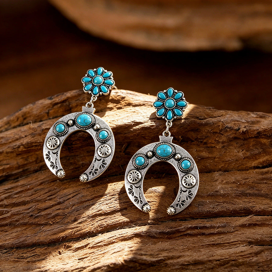 Wholesale Zinc Alloy Electroplated Retro Horn Flower Earrings Bohemian Ethnic Style Jewelry Accessory