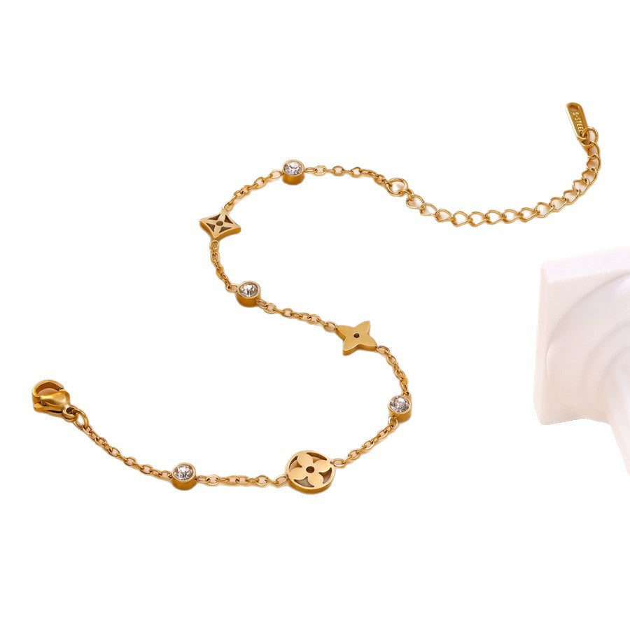 Wholesale Korean Style Minimalist Hollow Four-Leaf Clover Stainless Steel Bracelet with Cubic Zirconia,  Fashion Accessory for Women