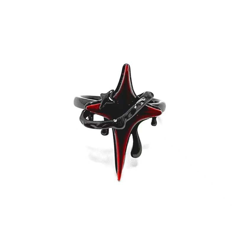 Wholesale Retro Red Geometric Gemstone Design Ring for Men and Women Niche Personality Punk Dark Hollow Texture Metal Ring