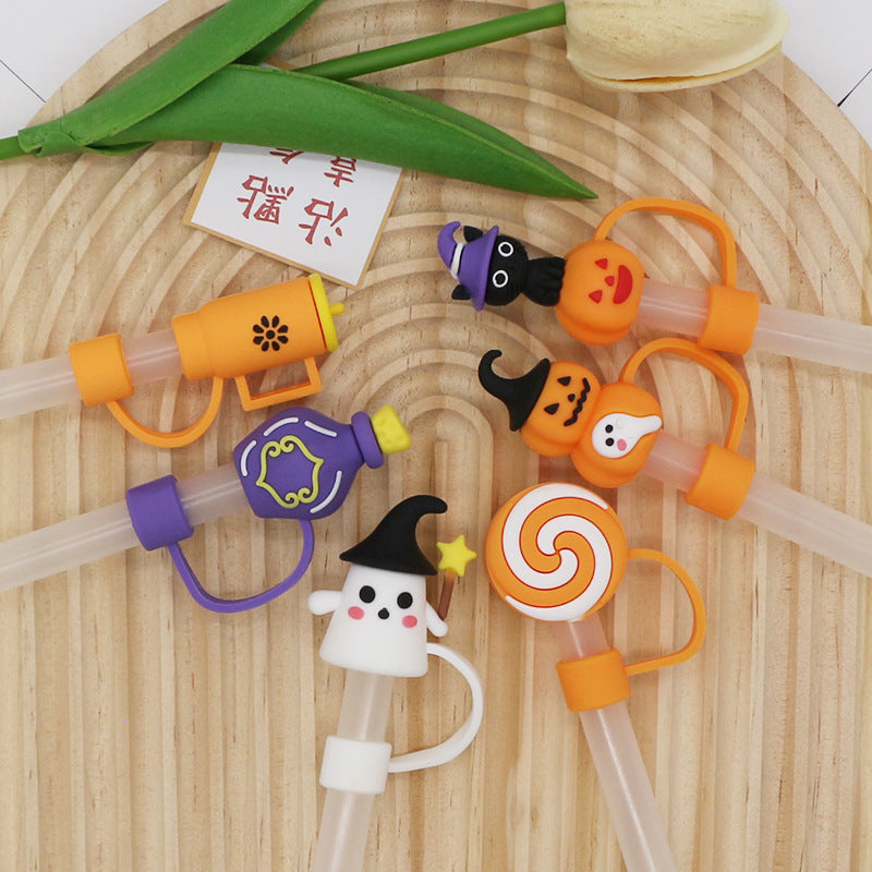 Wholesale  Straw Cover Fun PVC Dust Proof Cap For Straight Straws 10Mm White Star Ghost Straw Tube Cap