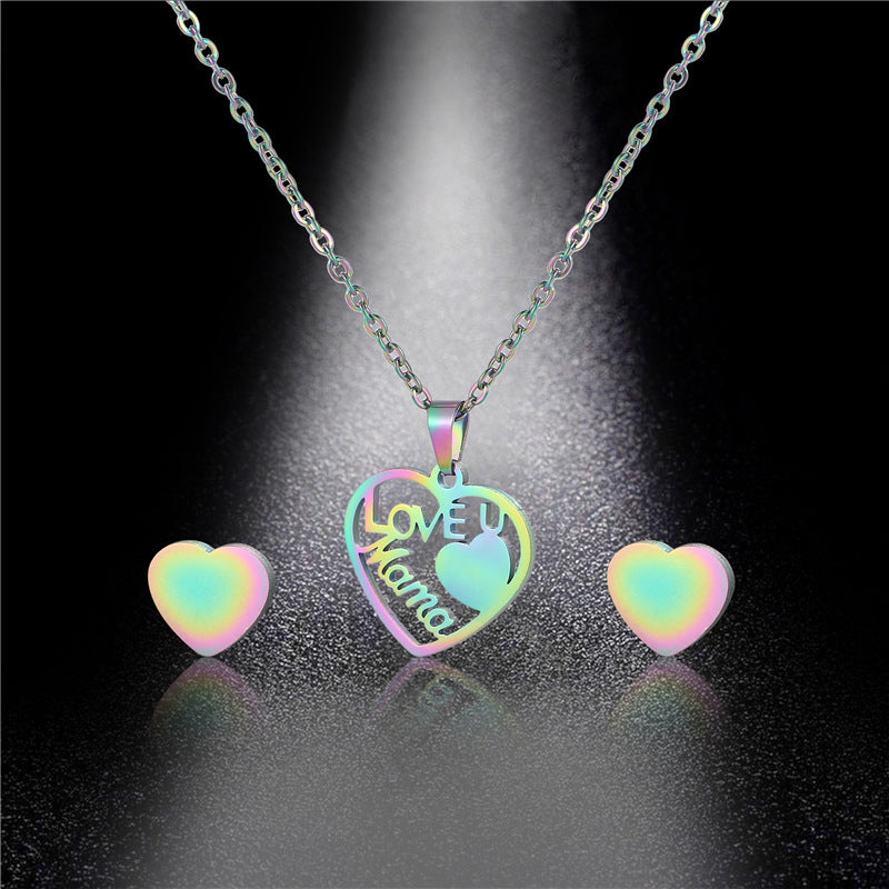 Wholesale Heart Shape MAMA Mother's Day Stainless Steel Earrings Necklace Set ACC-ES-MinM011