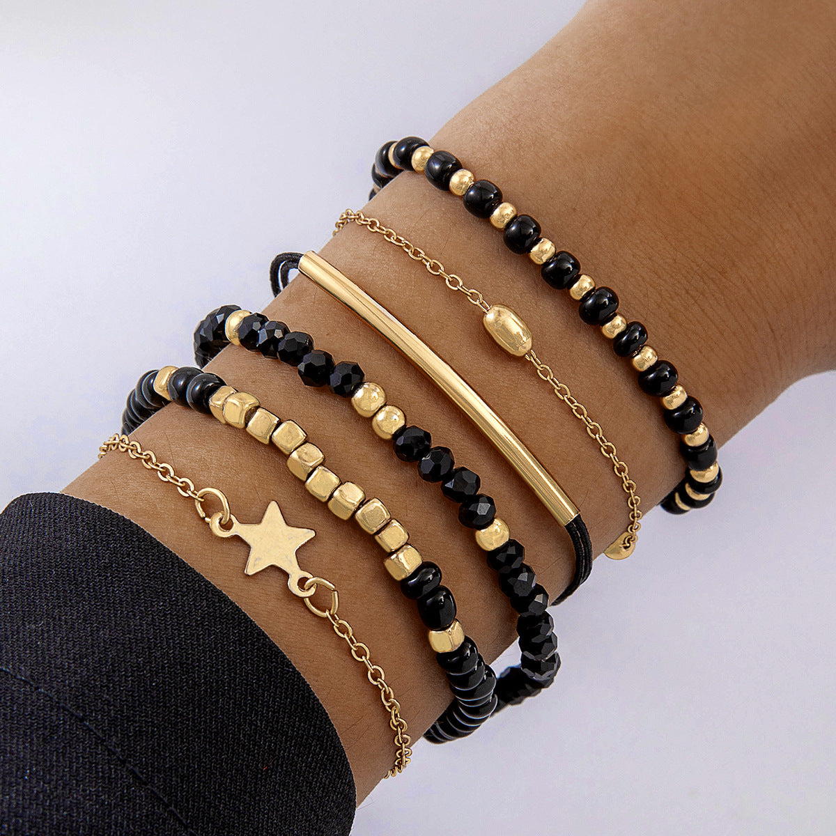 Wholesale 6pcs/set Vintage Black Bead Beaded Bracelet Bohemian Five-pointed Star Bracelet Set