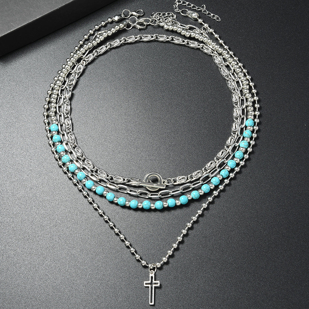 Wholesale Multi Layer Beaded Cross Necklace Silver Vintage Style For Women Chic Jewelry Accessory