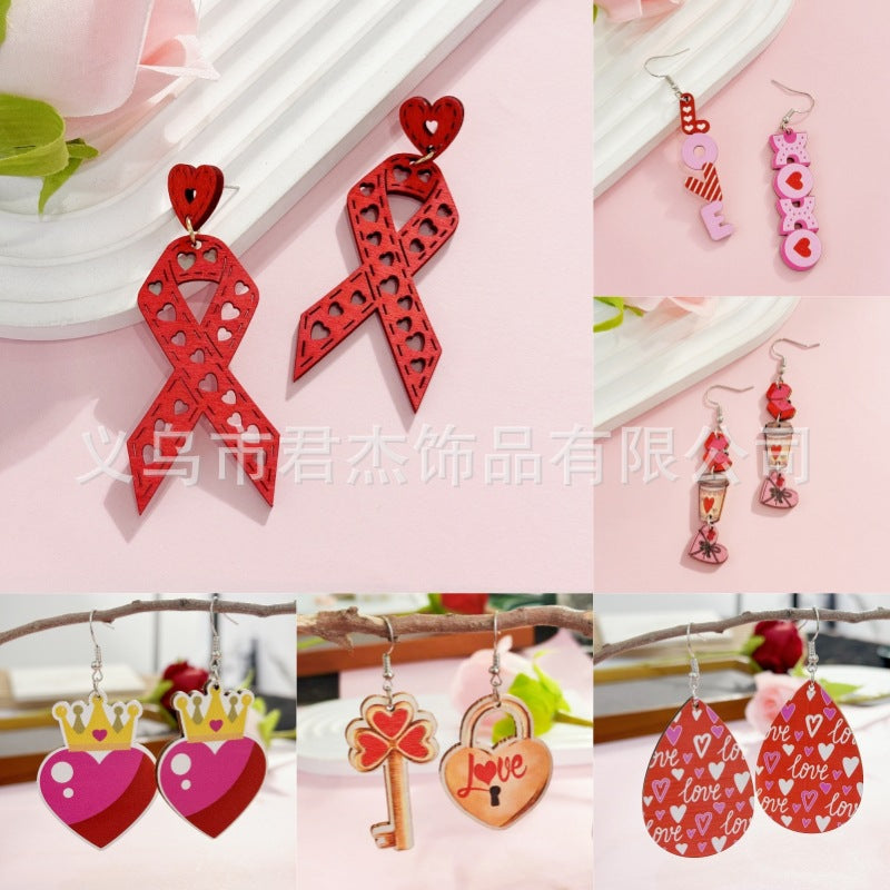 Wholesale Valentine's Day Red Ribbon Wooden Earrings