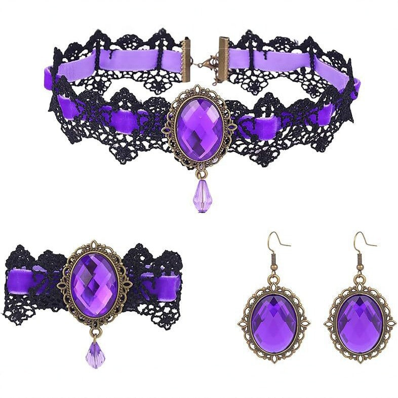 Wholesale Gothic Lace Choker Earring 3-Piece Set Artificial Crystal Pendant Fashion Accessory