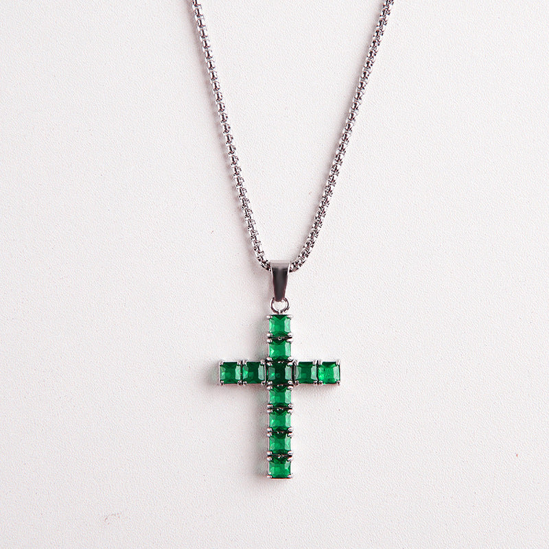 Wholesale Titanium Steel Square Cross Zircon Pendant Necklace