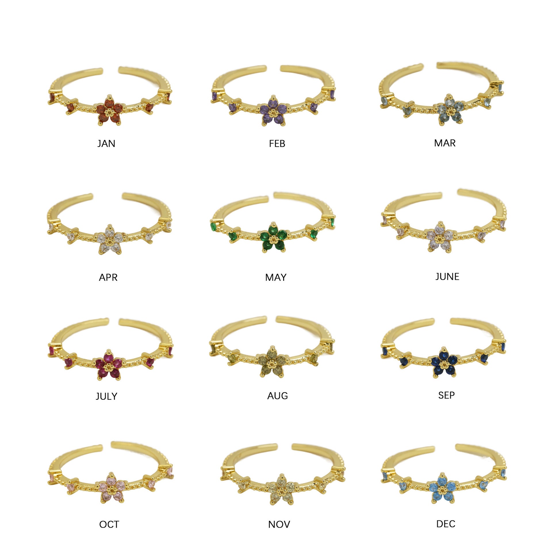 Wholesale 18k Brass Colored Zirconium December Small Flower Open Flower Rings ACC-RS-BaiYi003