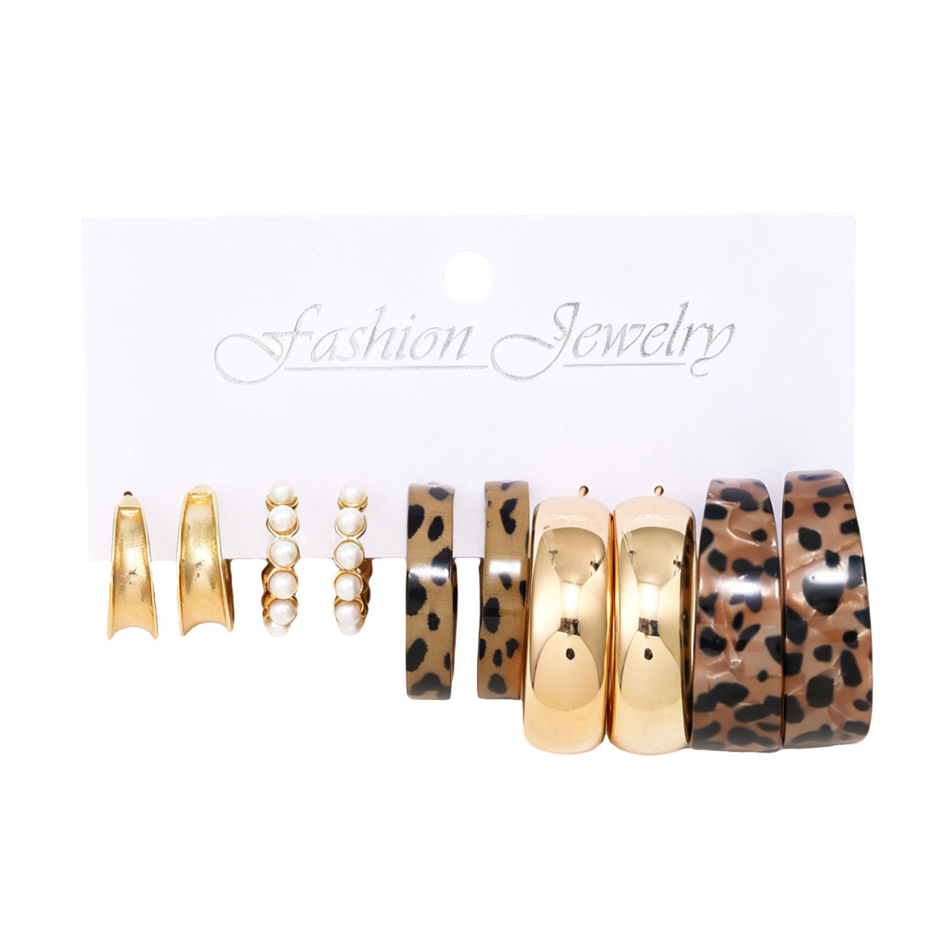 Wholesale Leopard Print Pearl Embellished C Shaped Earrings For Women Gold Tone Alloy 5 Pairs Fashion Jewelry Accessory