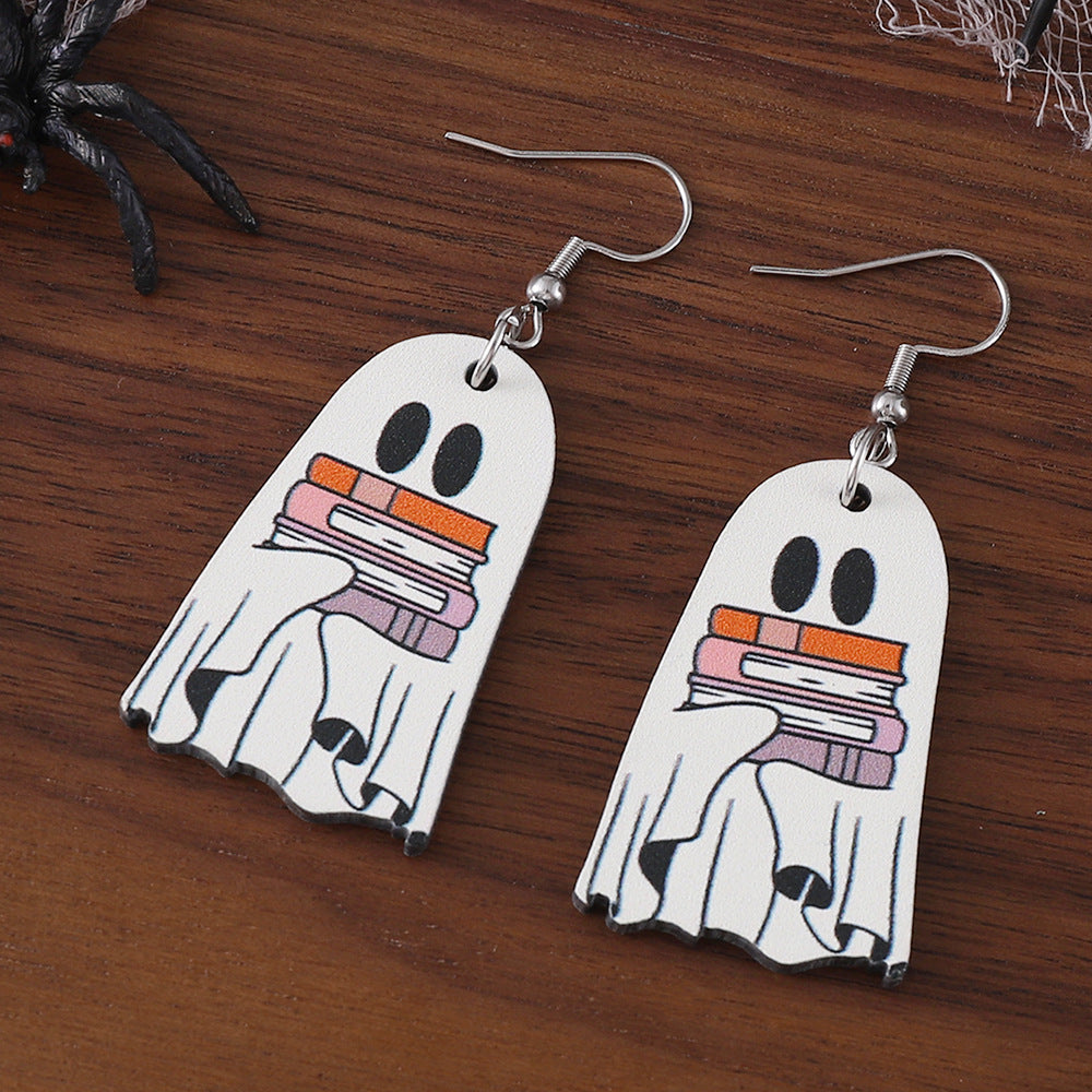 Wholesale Halloween Book Ghost Earrings Wood Earrings Goth Theme Double-sided Earrings ACC-ES-ChuLian036