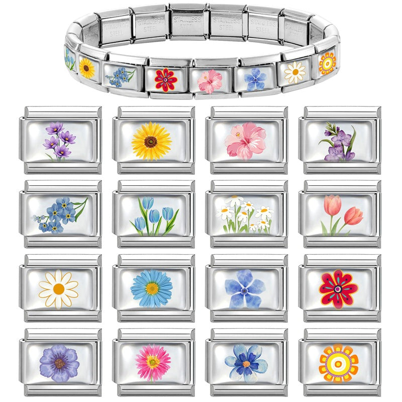 Wholesale 9mm Italian Charm Starter Bracelets DIY Flower Series Stainless Steel Composable Bracelet