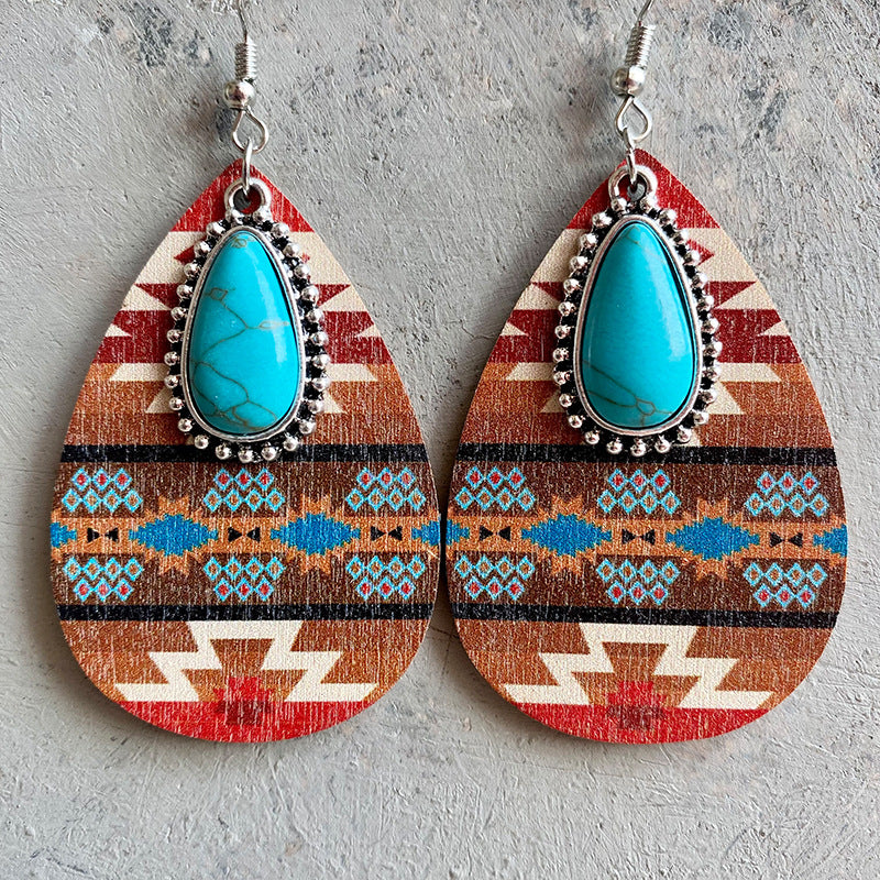 Wholesale Western Style Aztec Turquoise Bohemian Vintage Wooden Earrings ACC-ES-HY002