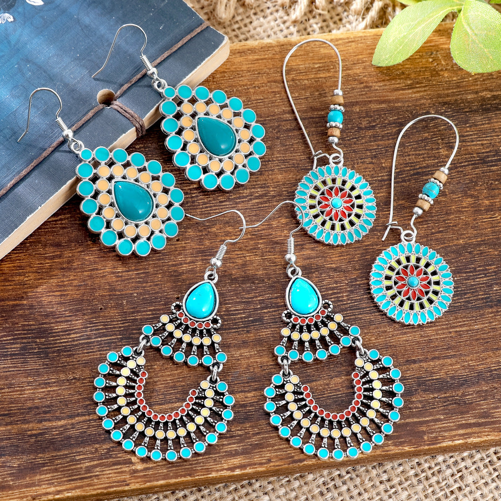 Wholesale Alloy Bohemian Hook Earrings Retro Ethnic Turquoise Oil-Drip Style for Women Gift Boutique Resale