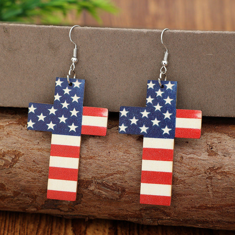 Wholesale Wooden American Flag Cross and Five Pointed Star Earrings