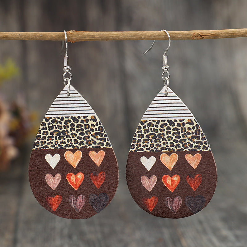 Wholesale Valentine' s Day new leopard print Love drop-shaped artistic retro style leather earrings earrings