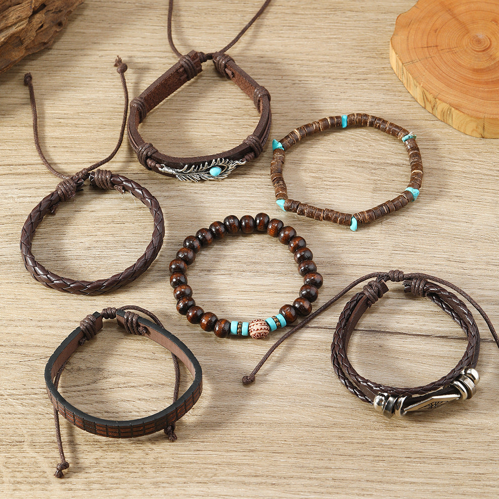 Wholesale  Wooden Beads Beaded Alloy Diamond Peacock Feather Handmade Woven Bracelet