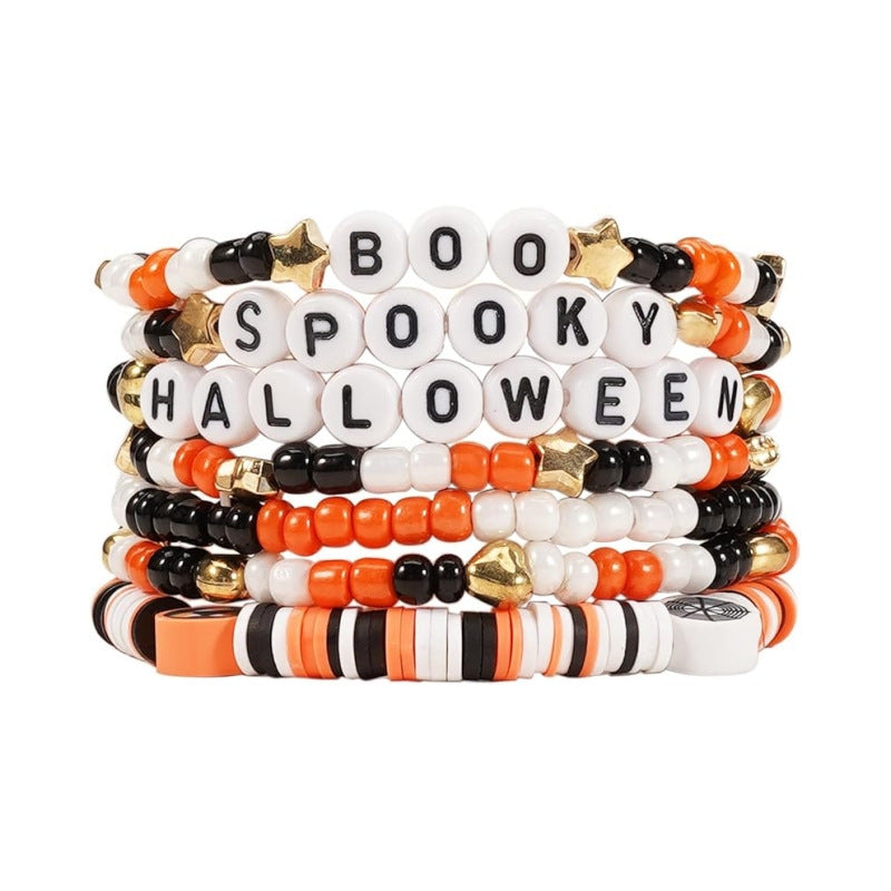 Wholesale Stylish Polymer Clay Beaded Bracelet Set,   White Ghost Theme,  7-Piece Jewelry Accessory for Boutique Resale