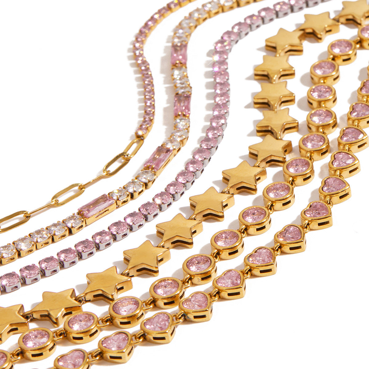Wholesale  18K Gold Stainless Steel Round Pink Zircon Jewelry Buckle Tennis Chain Bracelet