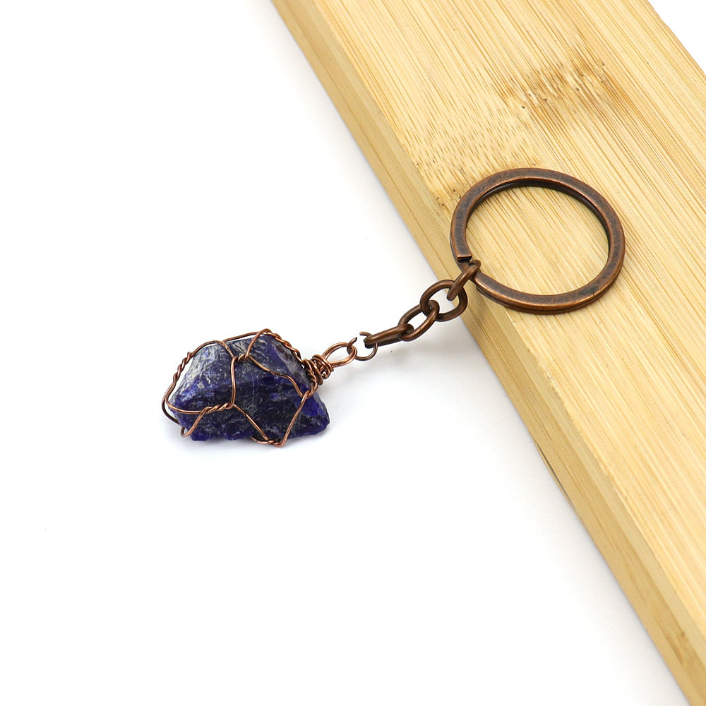 Wholesale Copper Wire Wound Natural Crystal Raw Stone Keychain ACC-KC-HanX007