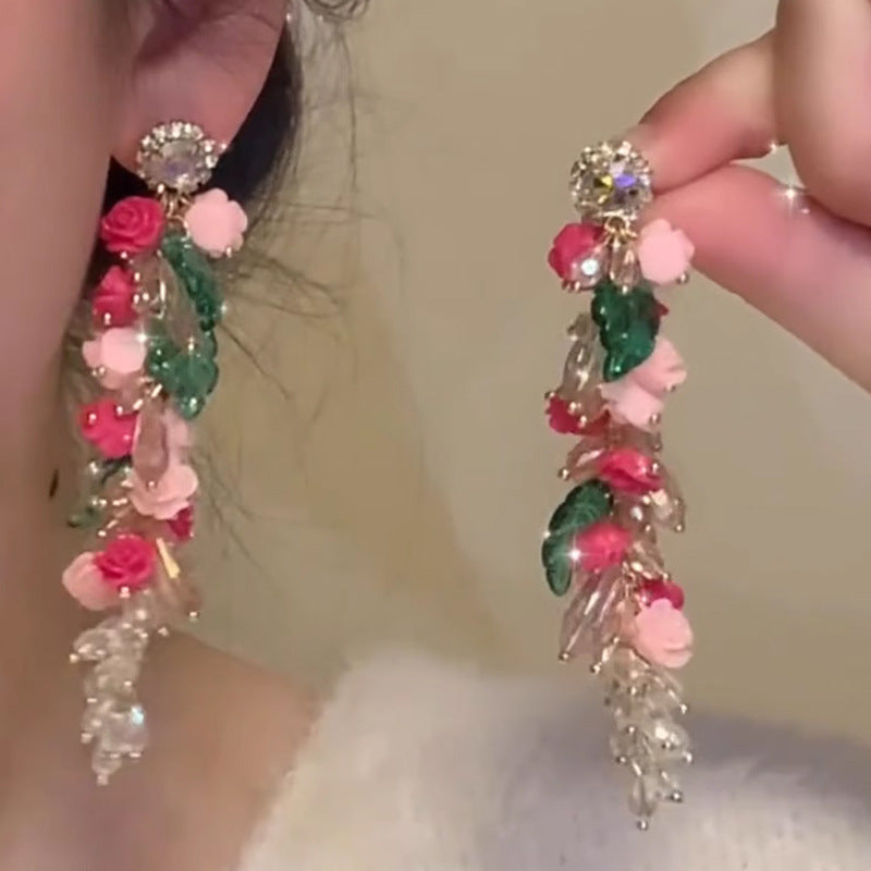 Wholesale Pink Flower Crystal Tassel Earrings