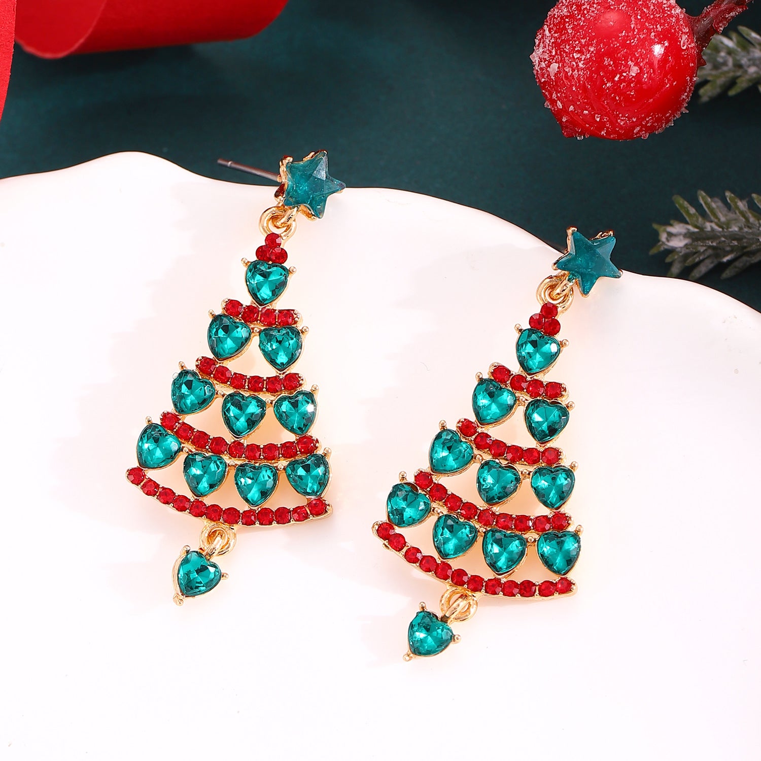 Wholesale Christmas Tree Earrings For Women Colorful Rhinestone Gold Tone Party Jewelry Gift