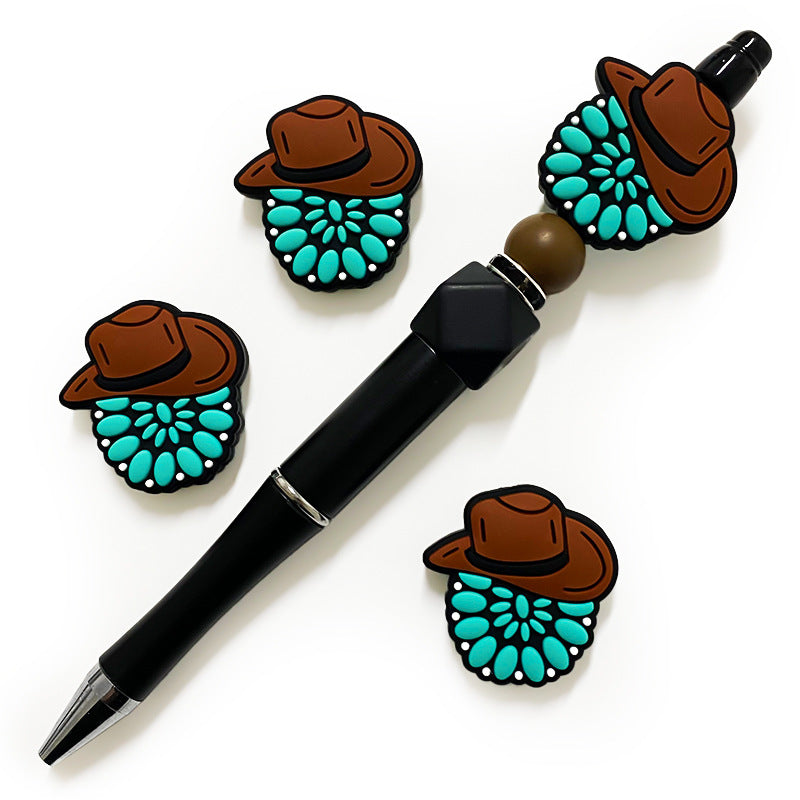 Wholesale 10pcs Western Style Cowboy Hat Turquoise Silicone Beads DIY Handmade Beaded Pen Accessories ACC-BDS-WDX052