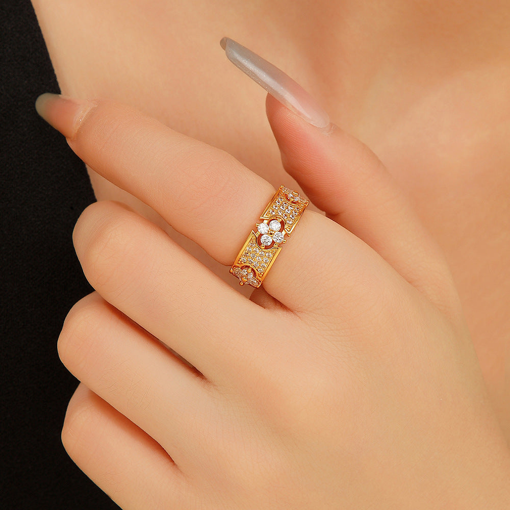 Wholesale Gold Electroplated Copper Four Leaf Clover Open Ring With Zircon Stylish Women S Fashion Jewelry Gift