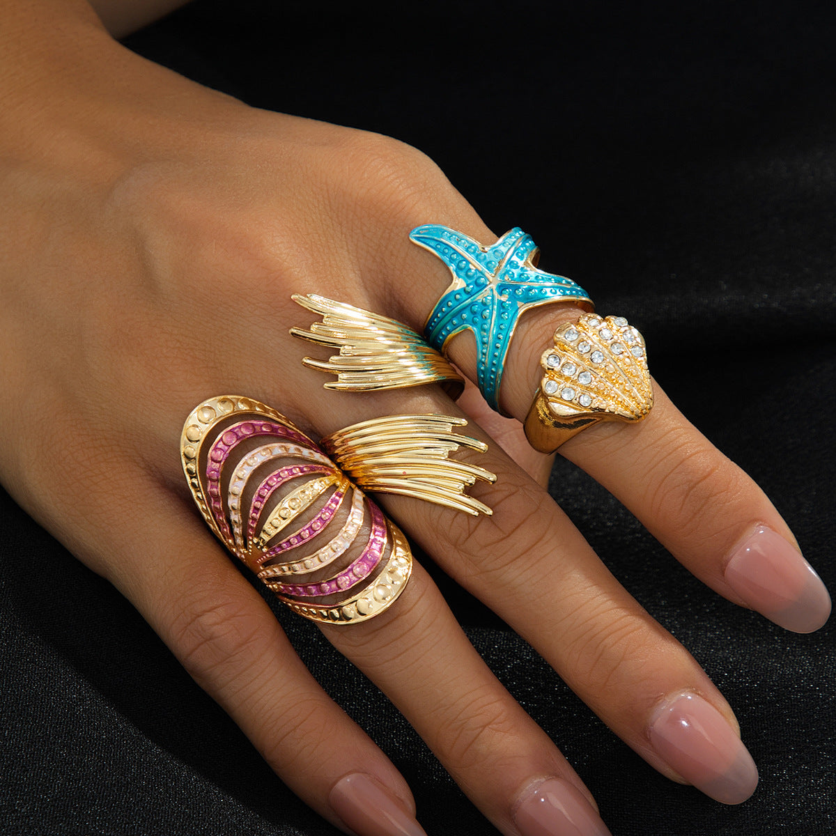 Wholesale Iron Alloy Bohemian Beach Style Blue Starfish Pink Gradient Shell Wing Stacking Ring Set Open Adjustable For Women Travel