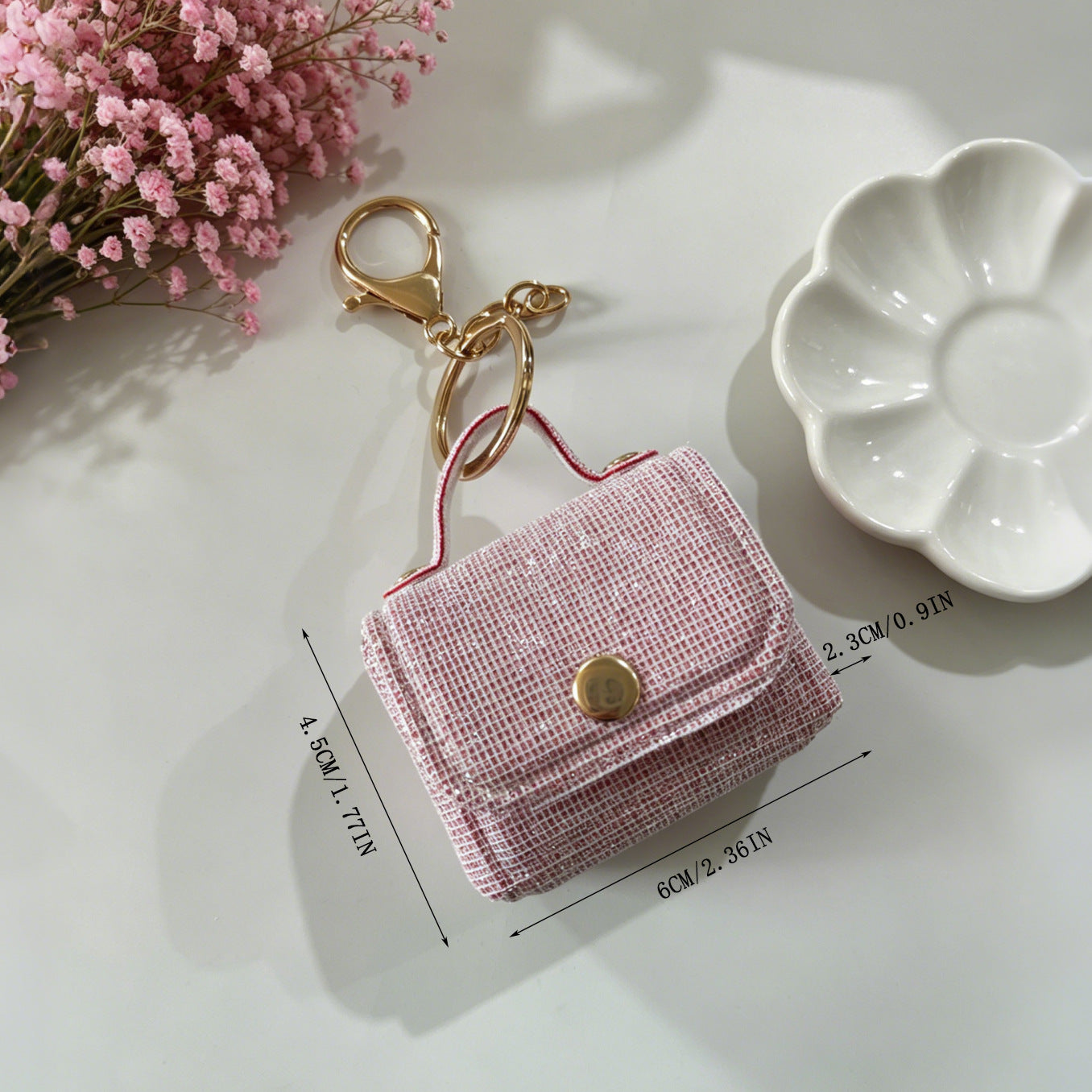 Wholesale Stylish Red Leather Earphone Bag Keychain with Fine Grid Pattern Fashion Accessory