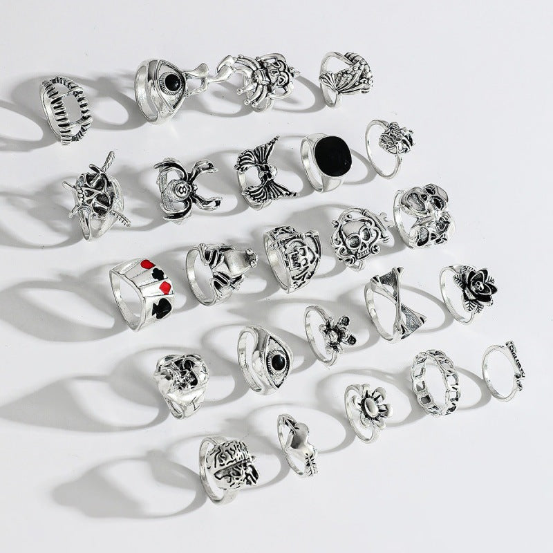 Wholesale Vintage Punk Skeleton  Ring Set 24 Piece Ancient Silver Zinc Alloy Jewelry Accessory