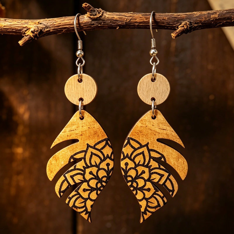 Wholesale Bohemian Wooden Earrings With Monstera Leaf Print Chic Jewelry Accessory For Party Wear And Boutique Resale