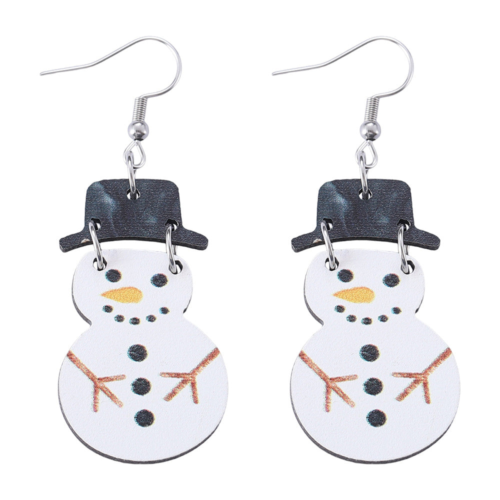 Wholesale Christmas winter snowman hat splicing pendant earrings wooden double-sided cute earrings