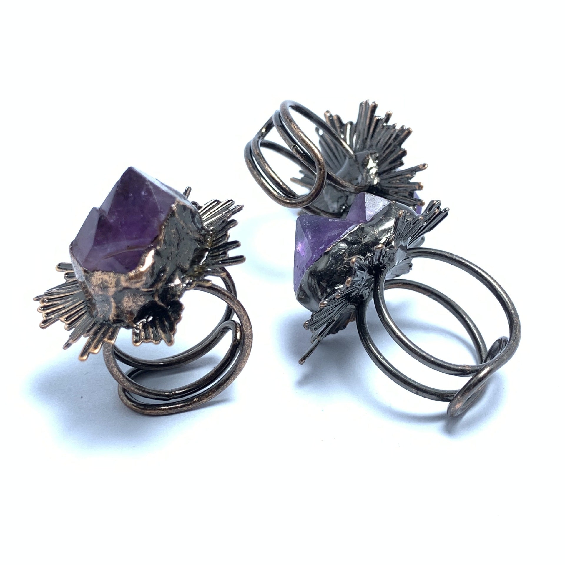 Wholesale  retro style natural amethyst Bud Purple Jade Flower opening bronze plating adjustable personality  ring