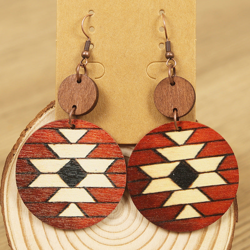 Wholesale  Bohemian Style  Flower Pattern Wooden Disc Splicing Women's Wooden Earrings