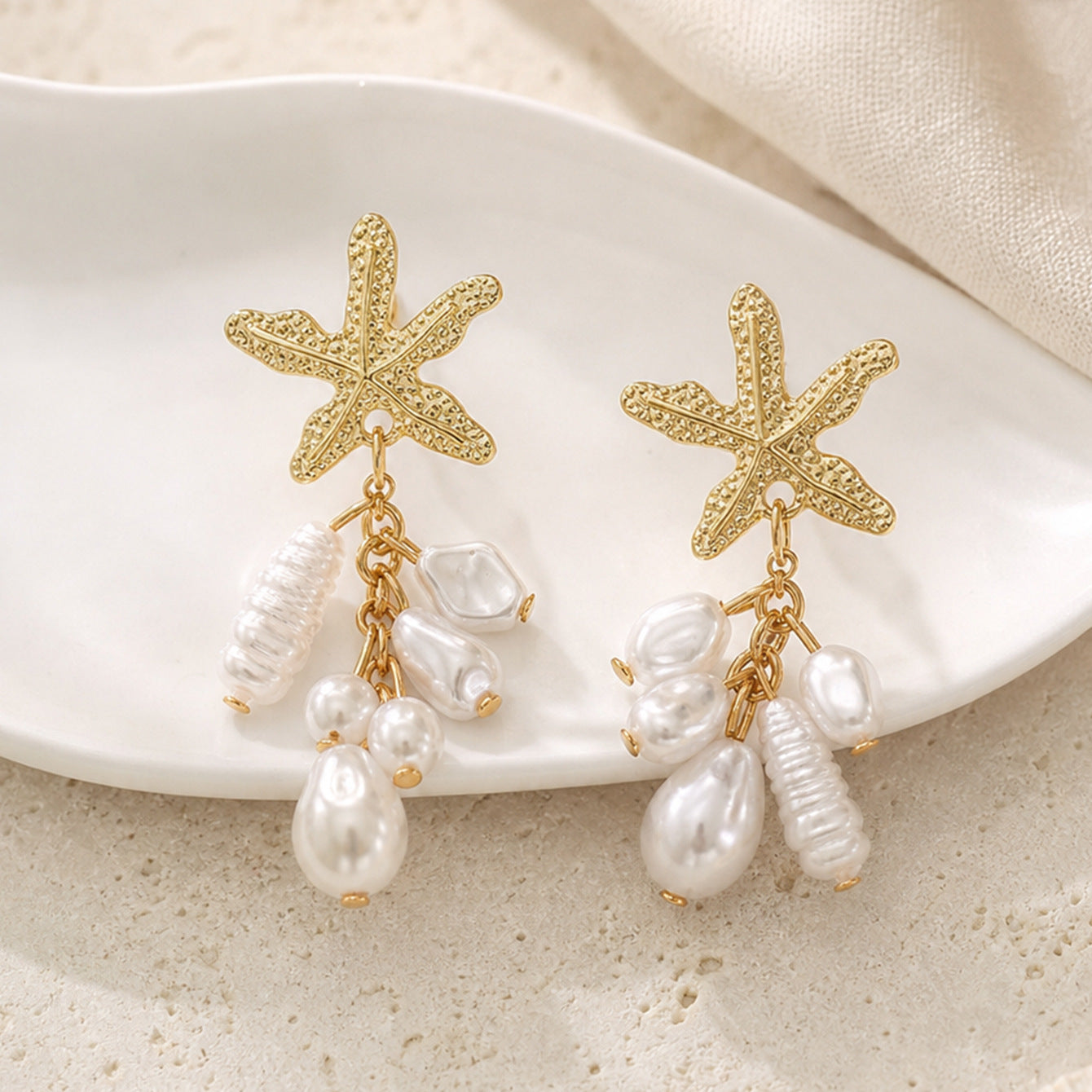 Wholesale Trendy Shell Starfish Tassel Earrings For Women Gold Tone Imitation Pearl Everyday Wear Boutique Gift
