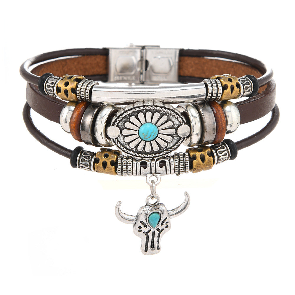 Wholesale Creative Ethnic Punk Style Beaded Leather Bracelet Handmade Unisex Fashion Accessory