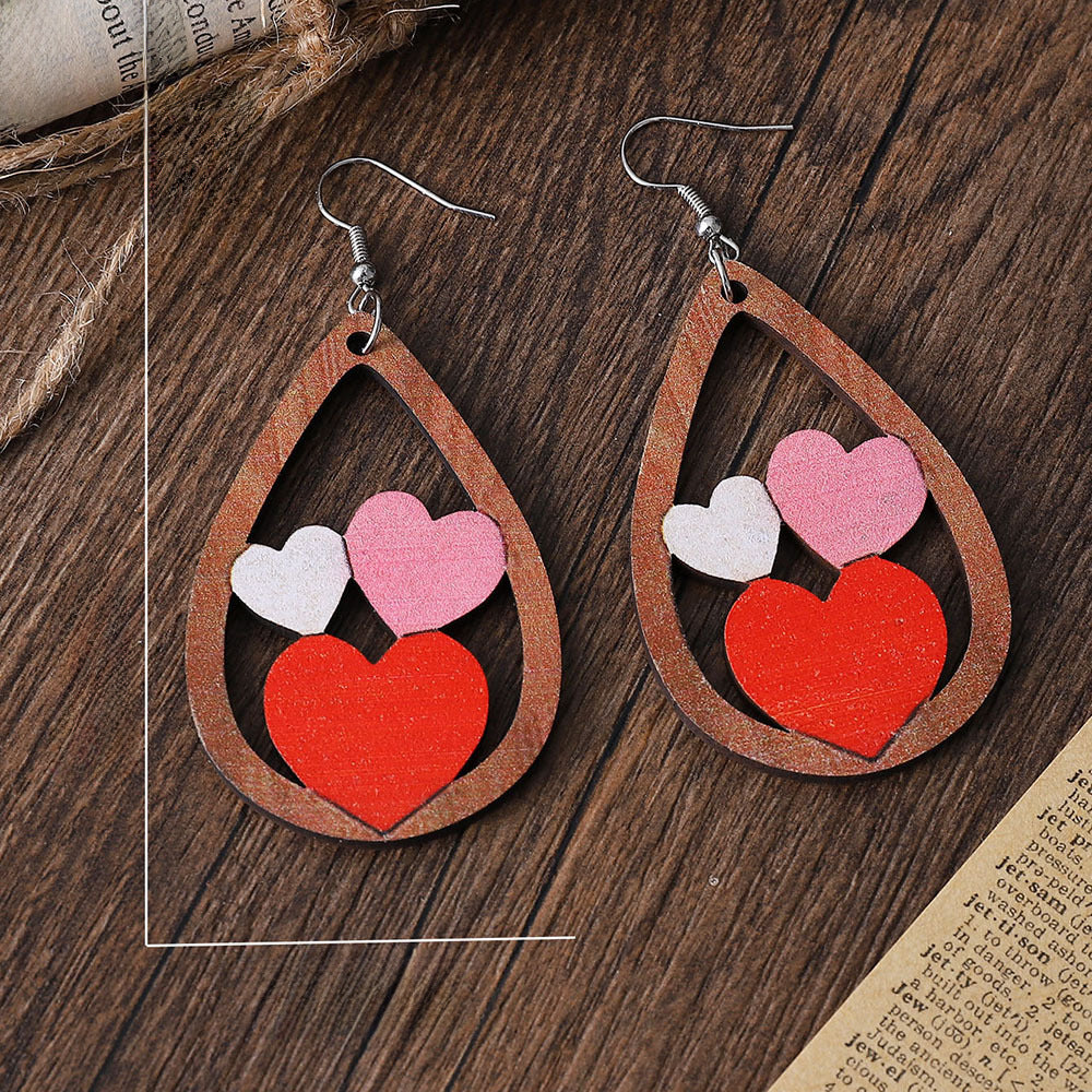 Wholesale water drop lovely double-sided wooden Valentine's Day earrings