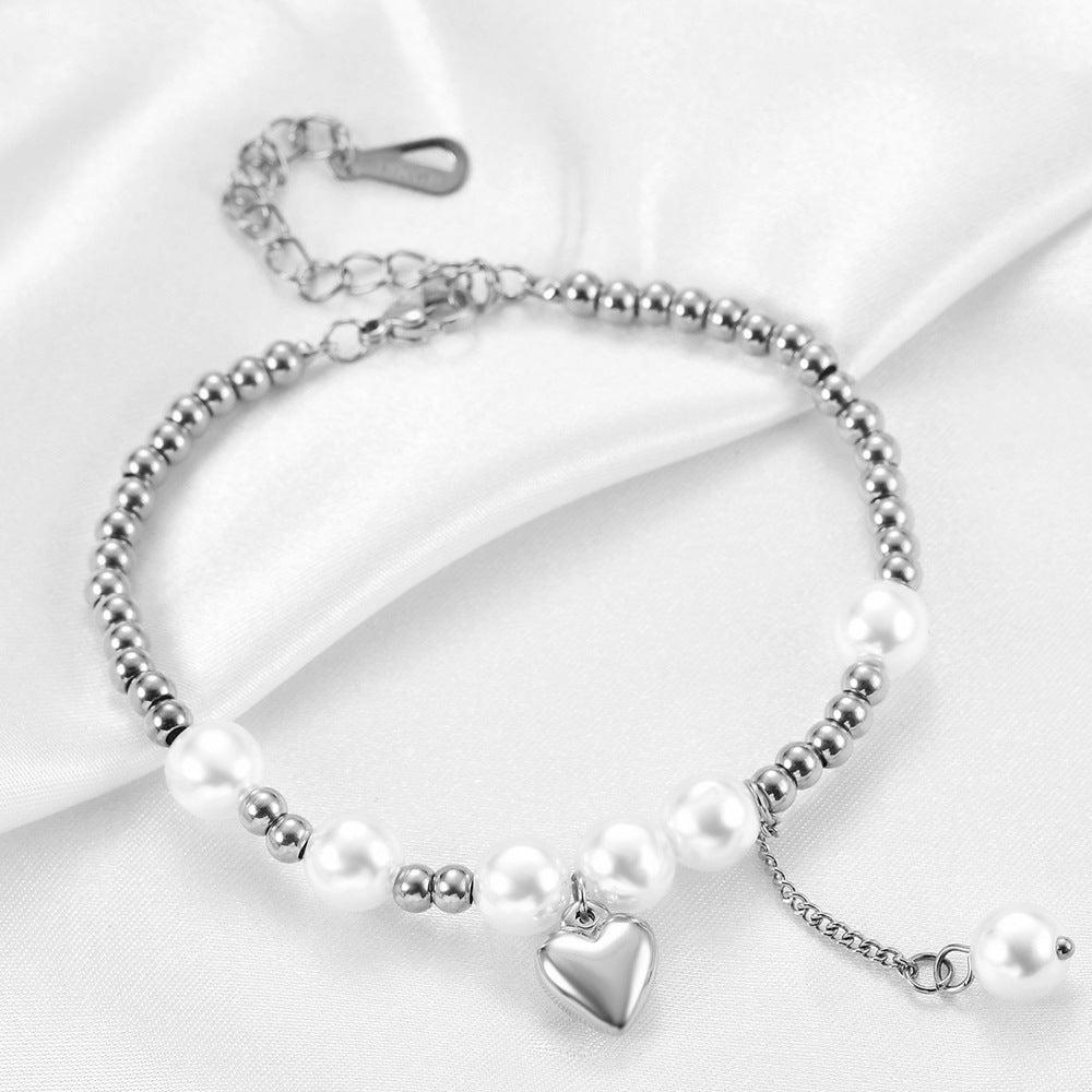 Wholesale Titanium Steel Vintage Heart Stitching Pearl Bracelet