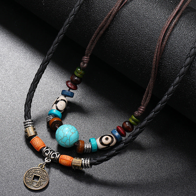 Wholesale Vintage Multi-layer Turquoise Beaded Braided Leather Necklace Men Necklaces ACC-NE-PK002