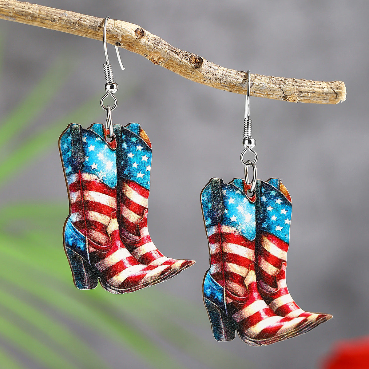 Wholesale  US Independence Day Element Wooden Water Drop Earrings