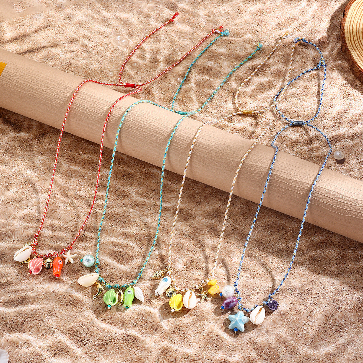 Wholesale rope woven summer jewelry shell starfish ceramic small fish pendant  bohemian necklace