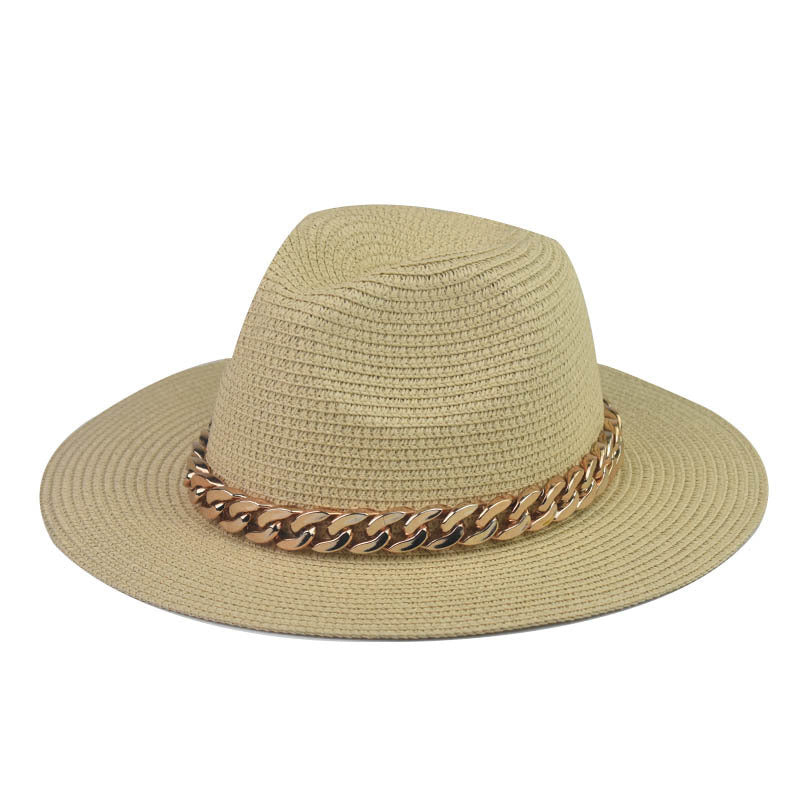 Wholesale Trendy Wide Brim Straw Hat With Gold Chain Decoration Flat Top Khaki Sun Hat For Summer Casual Wear