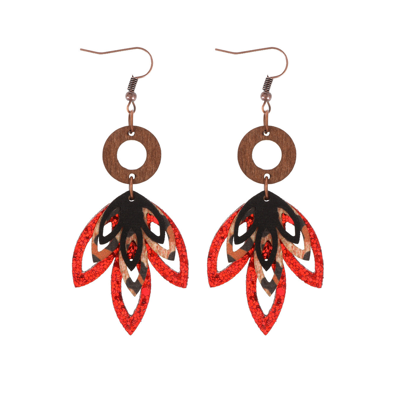 Wholesale  three-layer maple leaf shape super flash sequins fashion leather earrings