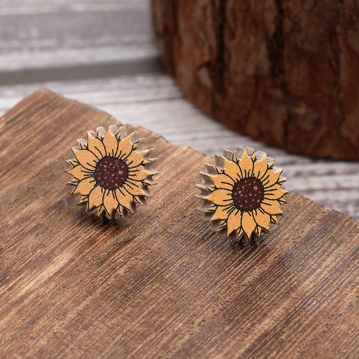 Wholesale Western Wind Sunflower Sunflower Flower Chrysanthemum Pattern Wooden Earrings