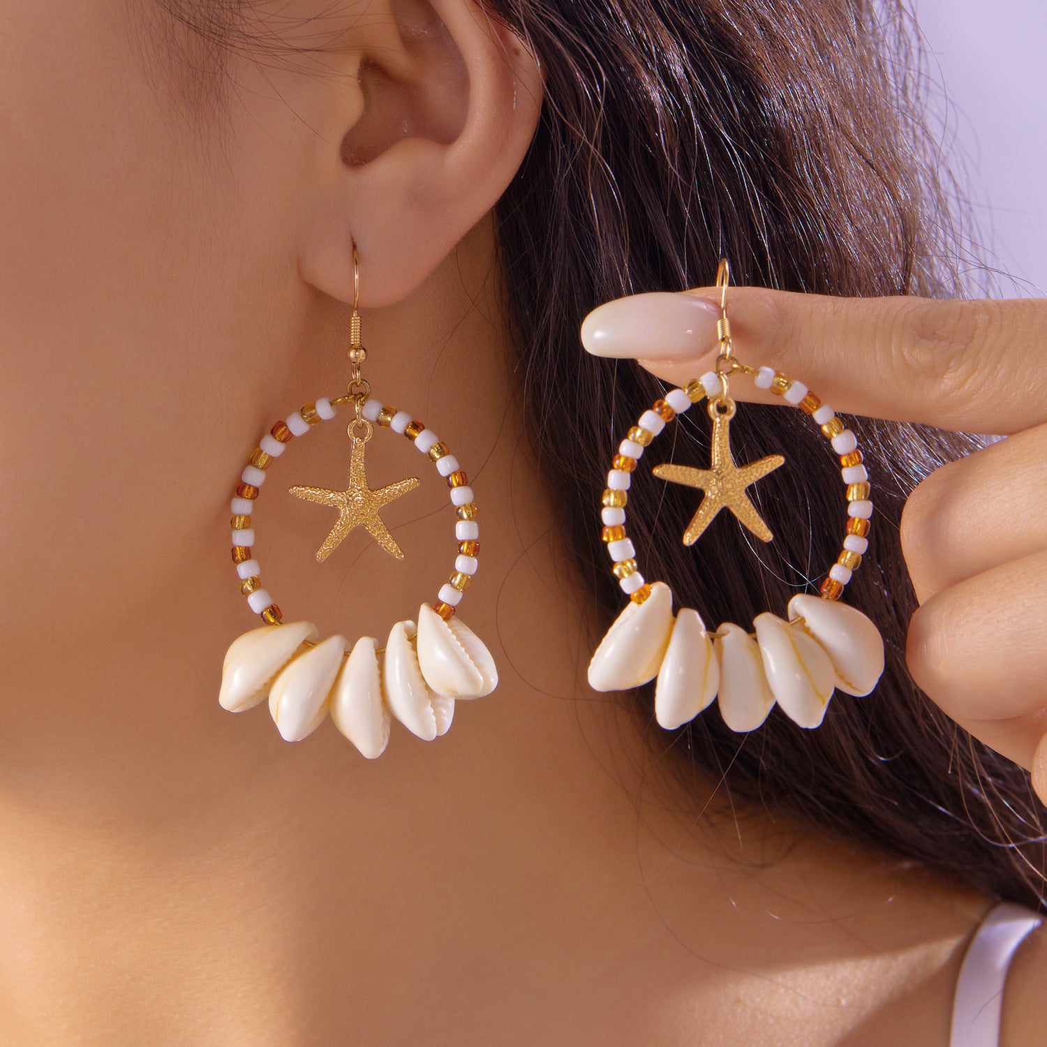 Wholesale  Bohemian Asymmetric Starfish Shell Pendant Earrings