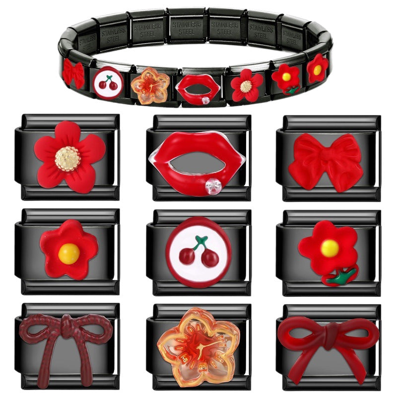 Wholesale DIY Black Stainless Steel Bracelet with Red Flowers,  Bow,  Cherry &  Lip Patchwork - Fashion Accessory