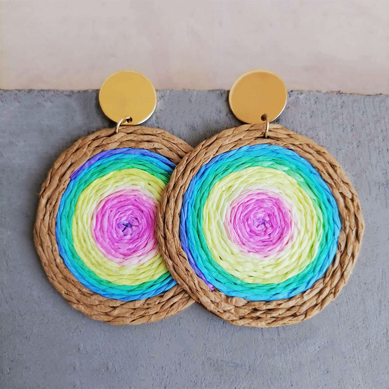 Wholesale 2 Pairs/pack Woven Rattan Drop-shaped Raffia Tie-dye Colorful Holiday Earrings ACC-ES-HY083