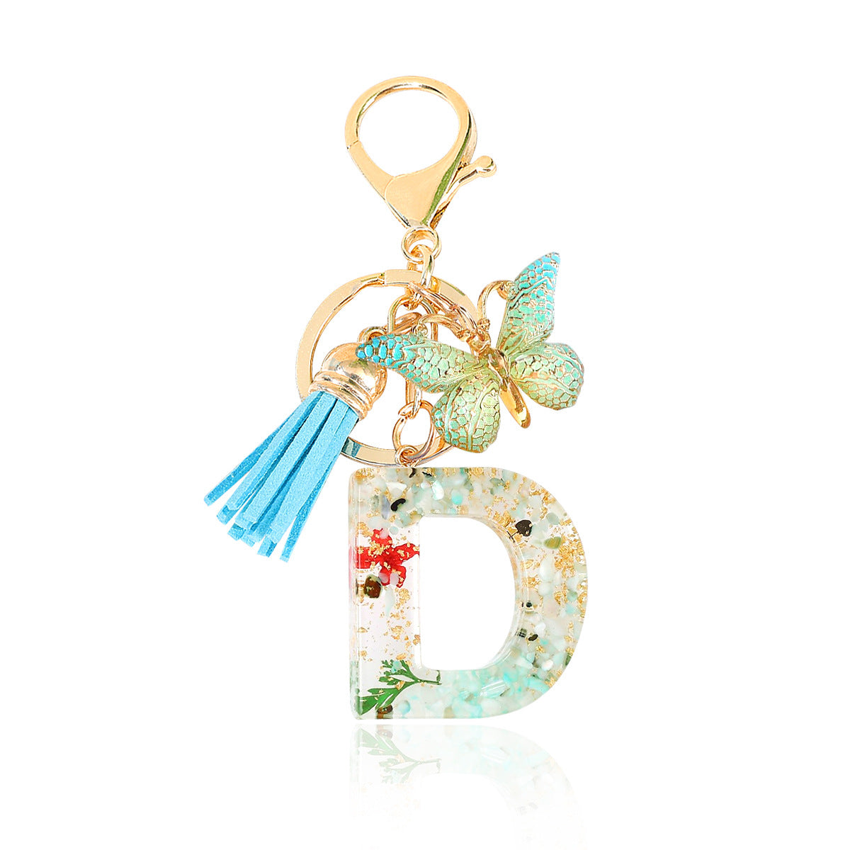 Wholesale Epoxy Green English Letter Dried Flower Crystal Keychain