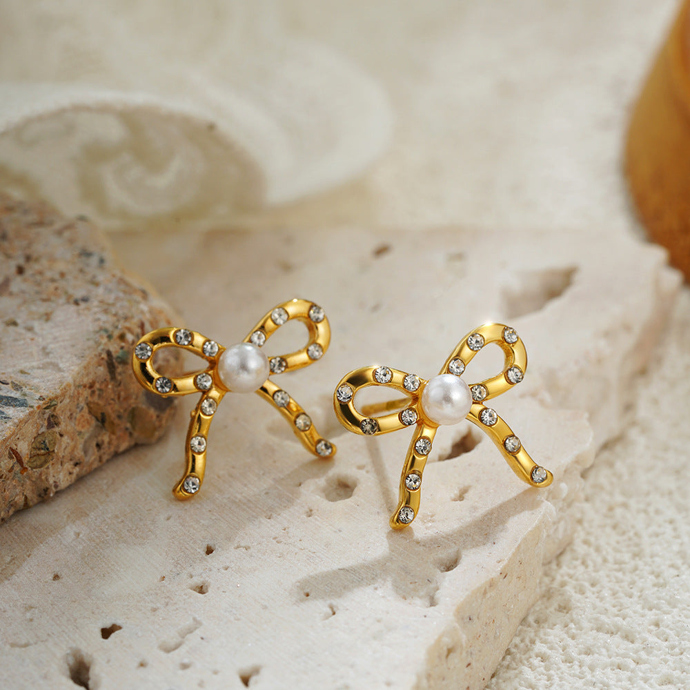 Wholesale 18K Gold Pearl Diamond Earrings Mini Bow Earrings